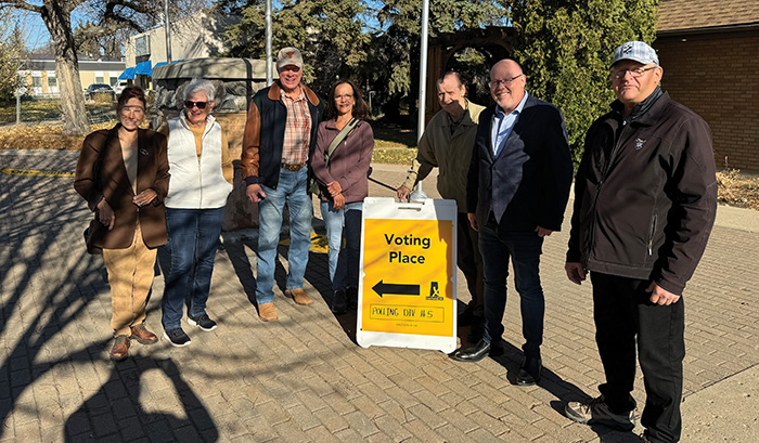 New Moosomin-Montmartre MLA Kevin Weedmark with supporters going to vote in Indian Head on Election Day. Weedmark spent the day visiting with voters across the riding from Indian Head to Rocanville, ending with a watch party in Moosomin.